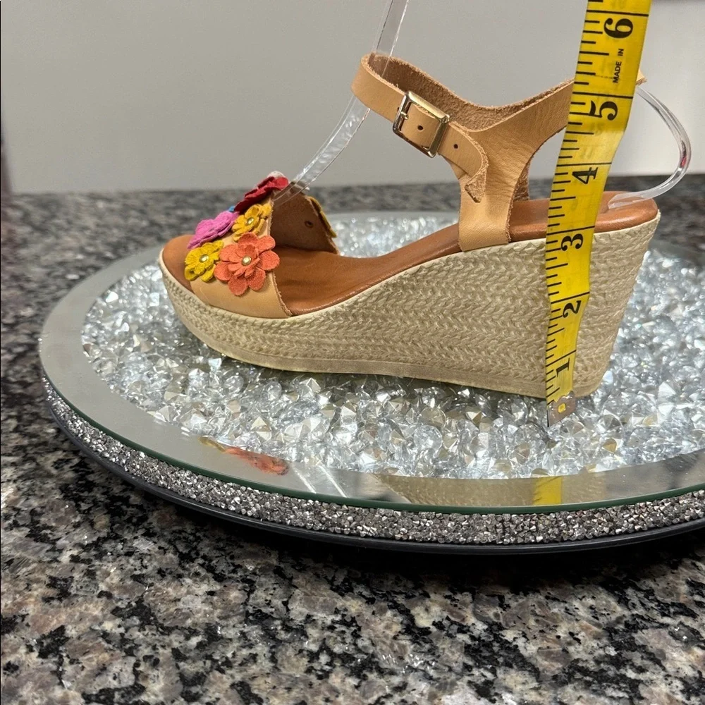 Italian made Floral Embellished leather Wedge natural Sandals EUC 7.5
